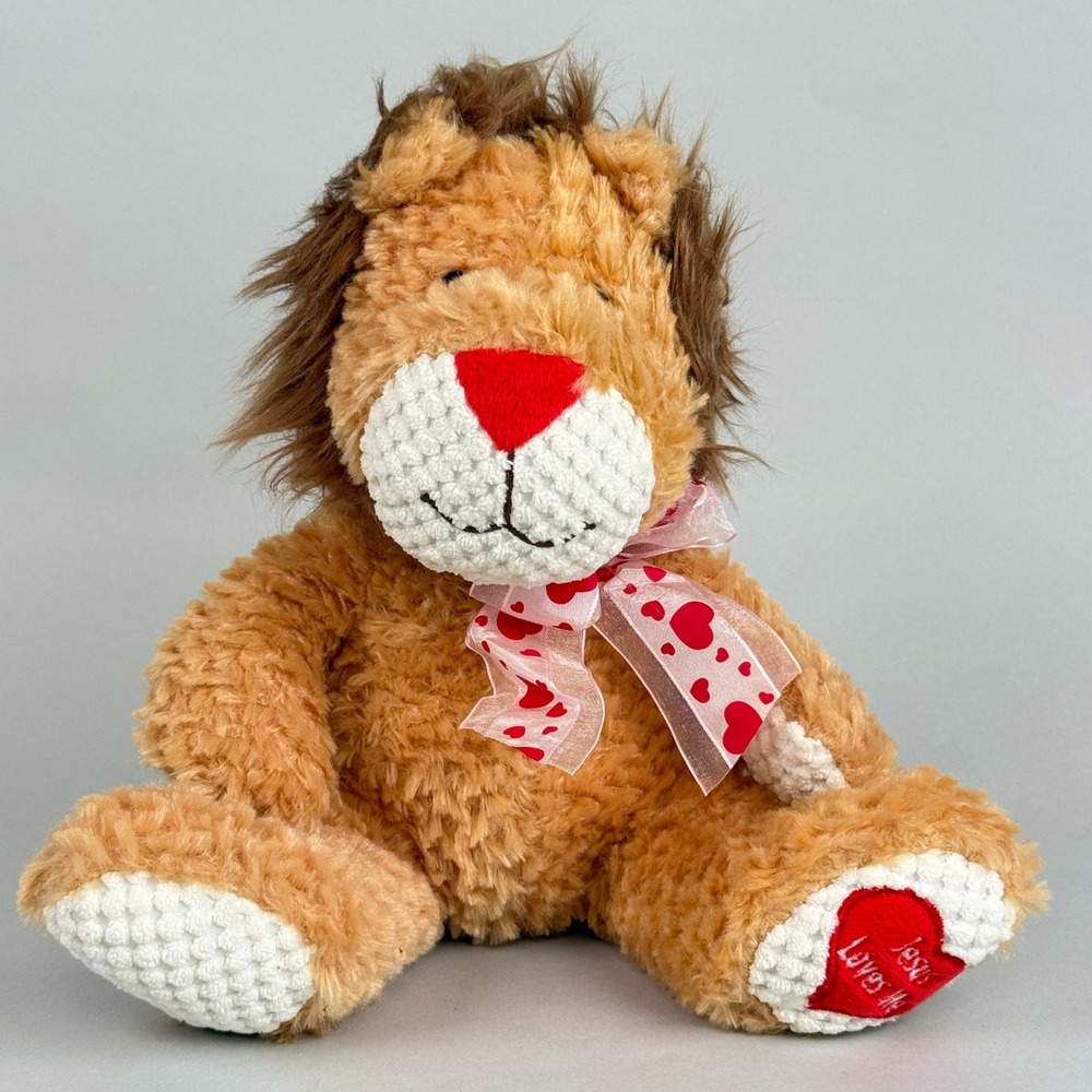 Animal Adventure JESUS LOVES ME Lion Plush Kids 9in  Heart Ribbon - CLEAN